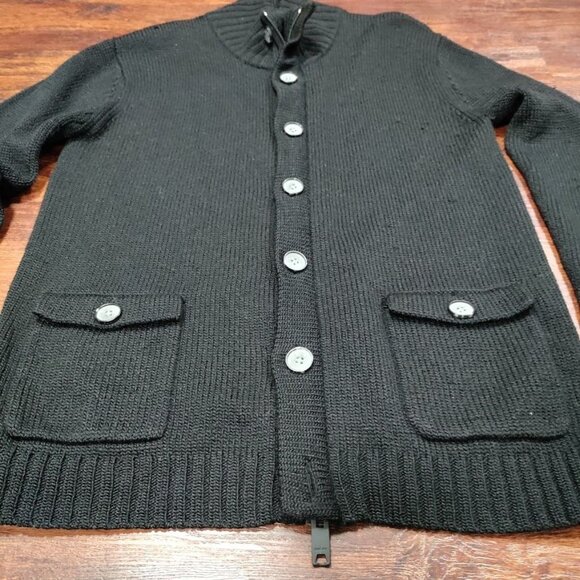 DKNY Classic Black Knit Sweater Men's Medium Button Zipper Front Pockets Ribbed - Picture 5 of 10